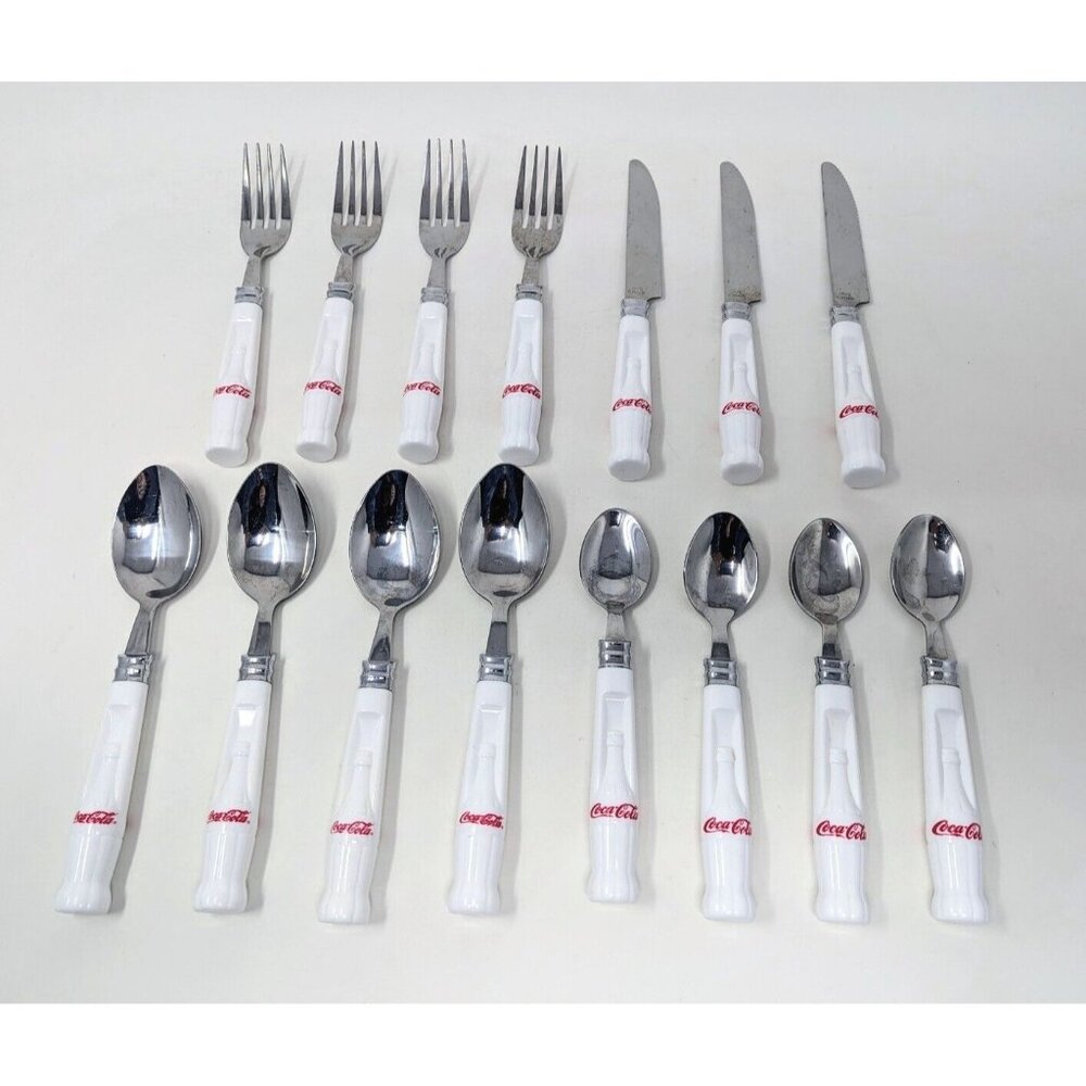 VTG Gibson Housewares White Handle Coca Cola Silverware Flatware 15 Piece Set